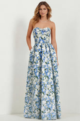 Light Blue Floral Sweetheart A Line Printed Maxi Dress with Pockets