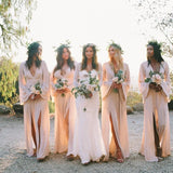 Boho A Line Deep V Neck Long Sleeves Light Bridesmaid Dresses