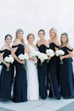 Black Mermaid Off Shoulder Side Slit V Neck Chiffon Long Bridesmaid Dress