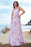 Stylish Grey Purple A Line Square Neck Print Floral Long Bridesmaid Dress with Lace Up Back