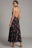 Halter Printed A Line Backless Black Wedding Guest Dress
