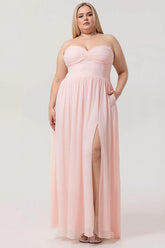 Blush A Line Strapless Ruched Corset Chiffon Convertible Long Plus Size Bridesmaid Dress with Slit