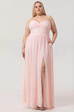 Blush A Line Strapless Ruched Corset Chiffon Convertible Long Plus Size Bridesmaid Dress with Slit