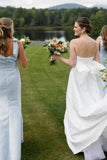 Mermaid Straps Bows Pleats Satin Sleeveless Long Bridesmaid Dress with Slit