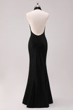 Black Mermaid Halter Open Back Floor Length Satin Bridesmaid Dress
