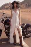High Low Ruffled A Line Ruched Ivory Wedding Dress