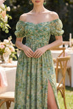 Off the Shoulder Floral Dusty Green Wedding Guest Dress with Puff Sleeves