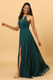 Pine A Line Halter Sleeveless Long Chiffon Bridesmaid Dress With Slit