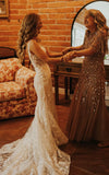 Sexy Mermaid V neck Lace Sleeveless Wedding Dress with Sweep Train Simple Elegant Ethereal Country Garden
