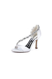 White Satin High Heels with Crystal and Chain Embellishments