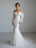 Lace Mermaid Covered Button Long Sleeve Train Wedding Dress