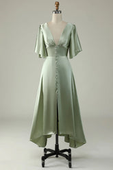 Dusty Sage A Line Deep V Neck Midi Dress with Half Sleeves