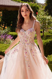 A1288 A LINE DRESS WITH MULTI COLORED FLORAL EMBELLISHMENT ANDREA LEO
