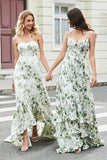 Green A Line Spaghetti Straps Printed Bridesmaid Dress With Slit