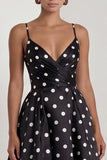Black White Polka Dot Ruched A Line Long Formal Dress