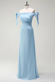 Dusty Blue Off The Shoulder Ruched Long Bridesmaid Dress with Bow Shoulder Strap