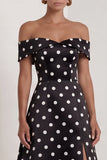 Off the Shoulder Black White Polka Dot A Line Maxi Formal Dress with Slit