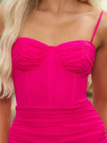 Evelyn Mini Dress Hot Pink Ruched Bustier Short Dress
