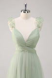 Dusty Sage A Line V Neck Ruched Hollow Out Long Bridesmaid Dress with Open Back