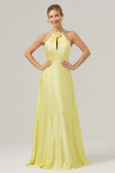 Yellow A Line Halter Backless Floor Length Bridesmaid Dress with Flower