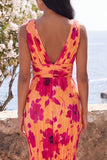 Orange Pleated V Neck Floral Wedding Guest Dress