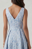 Blue Floral Jacquard V Neck A Line Wedding Guest Dress