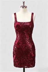 Burgundy Square Neck Bodycon Sequin Homecoming Dress