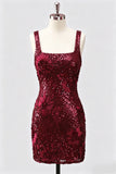 Burgundy Square Neck Bodycon Sequin Homecoming Dress