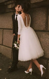 Vintage Short Casual Simple Long Sleeve A line Tea length Plunging Neckline Satin Wedding Dress