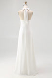 A Line Simple White Halter Long Engagement Dress