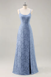 Dusty Blue A Line Floral Burnout Maxi Bridesmaid Dress with Slit