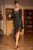 Black Golden V Neck Sequin Fringed Flapper Dress