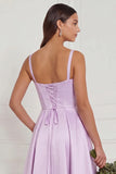 Lilac A Line Corset Satin Square Neck Long Bridesmaid Dress