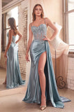 Teagan Gown Dusty Blue Fitted Satin Lace Dress