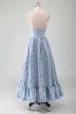 Blue A Line Strapless Ruffled Maxi Dress with Belt