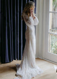 Long Lartern Sleeve Mermaid V Neck Backless Lace Bohemian Wedding Dresses