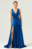 A Line V Neck Satin Ruched Long Ink Blue Bridesmaid Dress with Slit