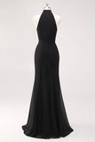 Black Mermaid Halter Neck Ruffled Long Formal Dress with Slit