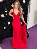Angela Mermaid Pink V Neck Backless Satin Long Prom Dress