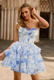 Blue Floral A Line Tiered Strapless Homecoming Dress