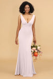 Mermaid V neck Open Back Long Chiffon Bridesmaid Dress With Ruffles