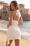 Halter Corset Ruched Ivory Mini Dress with Ruffles