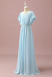Sky Blue A Line Batwing Sleeves Chiffon Junior Bridesmaid Dress