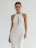 Simple White Halter Open Back Long Wedding Dress
