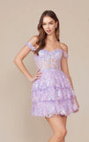 BRENNA MINI DRESS LILAC OFF SHOULDER TIERED SHORT DRESS