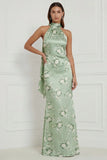 Halter Sage Green Floral Sheath Satin Long Bridesmaid Dress
