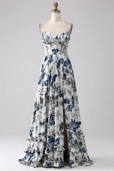 Blue A Line Spaghetti Straps Pleated Printed Long Bridesmaid Dress With Slit