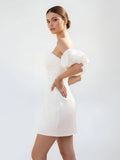 Short Satin White Wedding Dress Strapless Off the Shoulder
