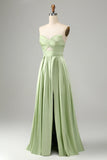 Green A Line Strapless Pleated Hollow Out Long Bridesmaid Dress With Slit