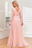 Blush A Line Chiffon V Neck Evening Dress with Long Sleeves